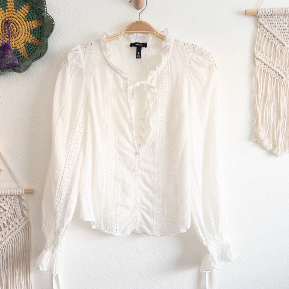 Aqua Boho-Chic Crisp White Eyelet Blouse Size Small